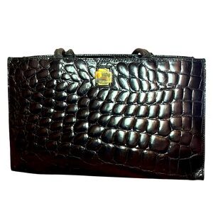 Furla Black Crocodile-Embossed Black Gold Leather Tote Bag Purse